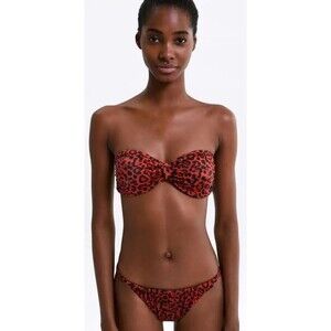 Zara Red Leopard Slide String Bikini Swim Bottoms. Size S- Recycled Fabric NWT